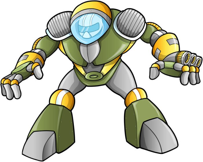 Sticker Een groene gepantserde robot in een ruimtehelm