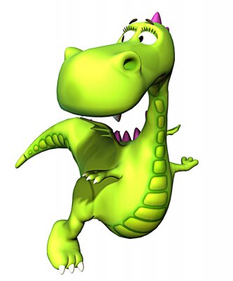 Sticker Een groene kleine draak met een roze kuif