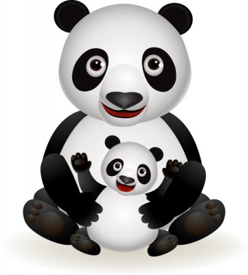 Een grote glimlachende panda die een kleinere vasthoudt