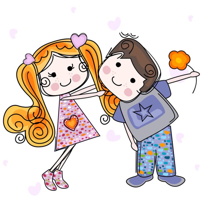 Sticker Een jongen die een oranje bloem aan een meisje geeft