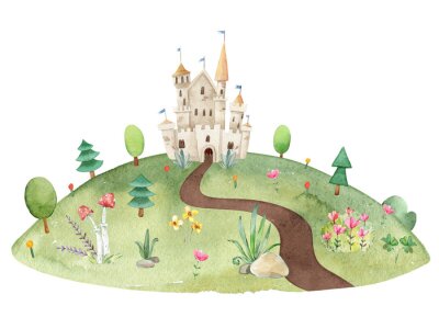 Sticker Een kasteel op een groene heuvel