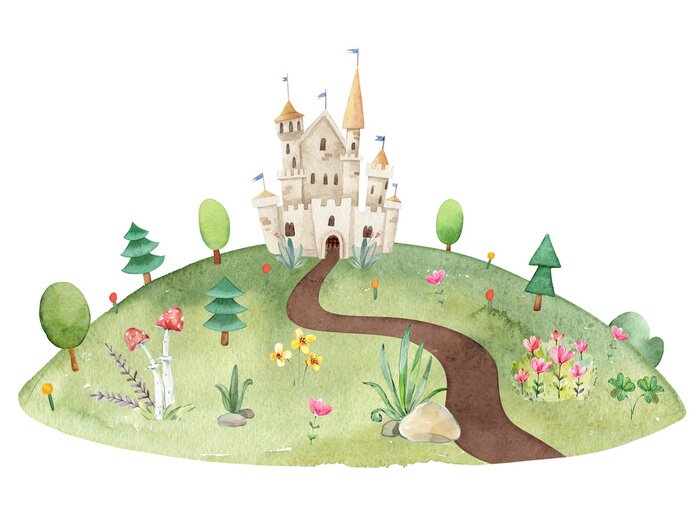 Sticker Een kasteel op een groene heuvel