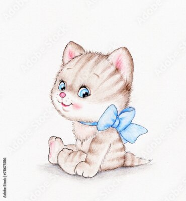 Poster Een katje met een blauwe vlinderdas in een cartoonstijl.