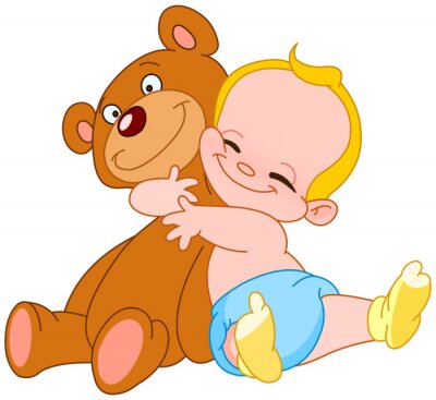 Een kleine baby knuffelt een teddybeer