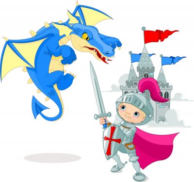 Een kleine ridder die vecht tegen een blauwe draak