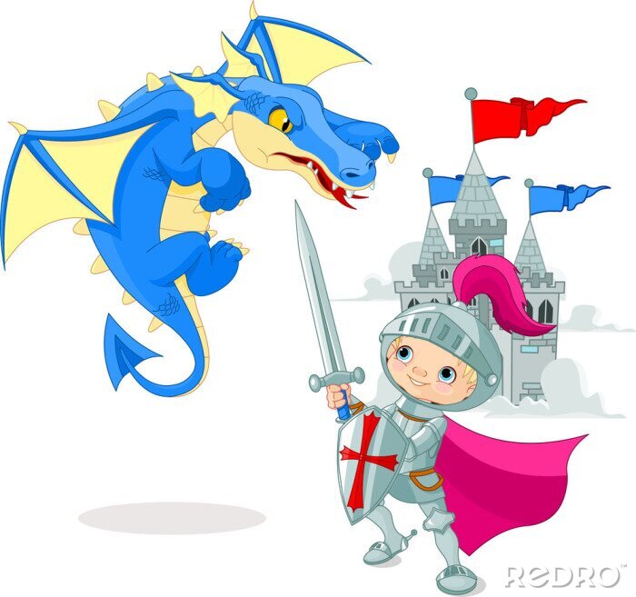 Sticker Een kleine ridder die vecht tegen een blauwe draak