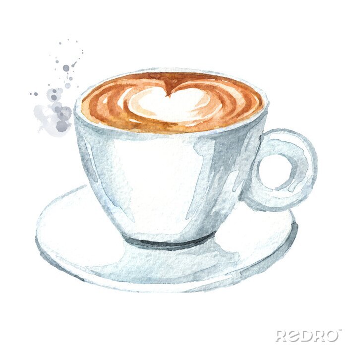 Sticker Een kopje koffie met een hart geschilderd in aquarel