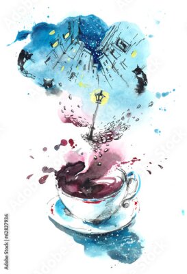 Poster Een kopje koffie met uitzicht over de stad.