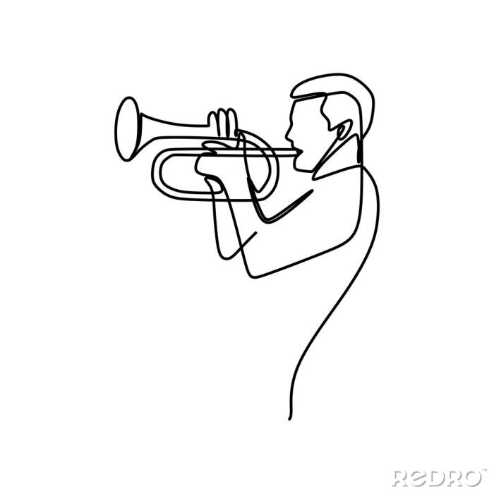 Sticker een lijntekening van profiel shot van een muzikant die een trompet speelt geïsoleerd op een witte achtergrond