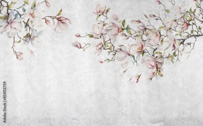 Een magnoliatak met roze bloemen op een betonnen achtergrond