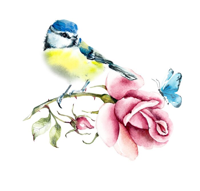 Sticker Een mees op een rozentak