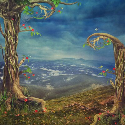 Sticker Een mooie bos scène met bomen en gras in de bergen