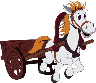 Sticker Een paard vastgebonden aan een tweewielige wagen