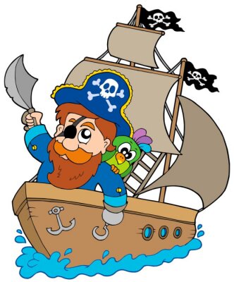 Een piraat in een blauwe mantel op een schip