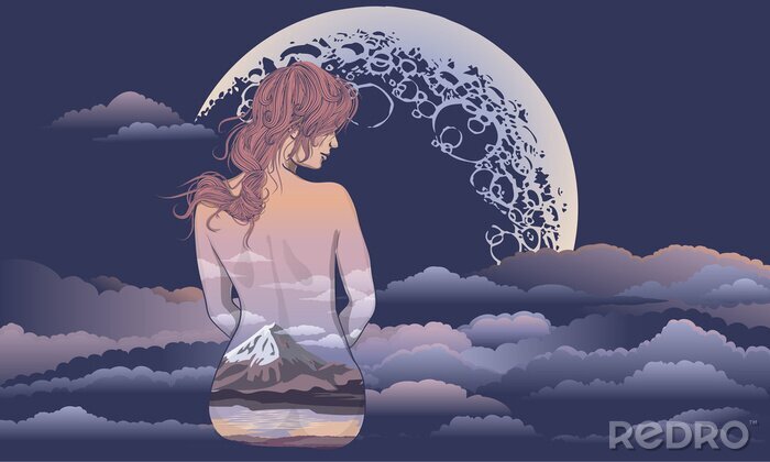 Sticker Een romantisch meisje zit op de achtergrond van de maan. Body art meisje, lichaam geschilderd met landschap. Romantisch meisje op de achtergrond van de maan en de stellaire hemel tatoeage en t-shirt d