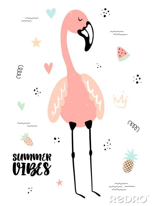 Sticker Een roze flamingo in een zomerjas
