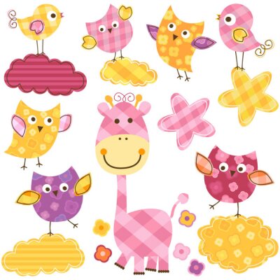 Sticker Een roze giraf tussen wolken en vogels