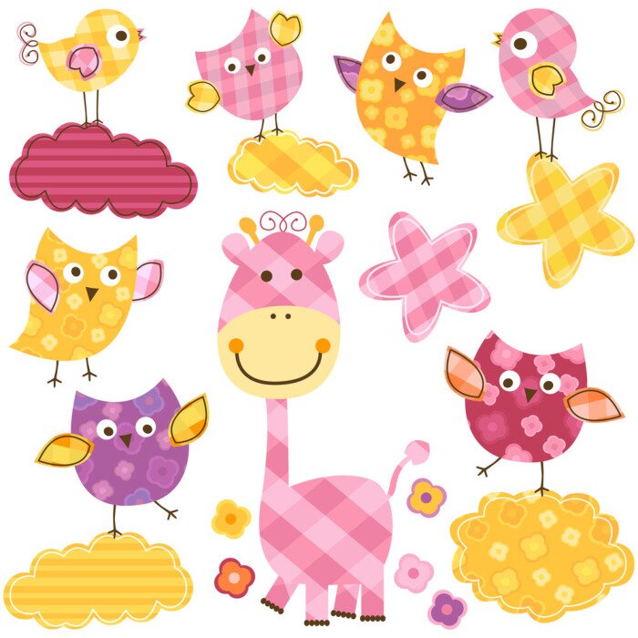 Sticker Een roze giraf tussen wolken en vogels