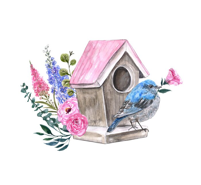 Sticker Een roze vogelhuisje