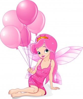 Een rozeharige fee die ballonnen in haar hand houdt