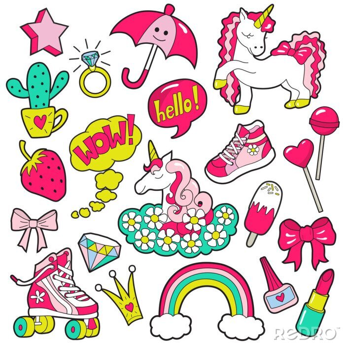 Sticker Een set afbeeldingen met kleurrijke meisjesachtige thema's