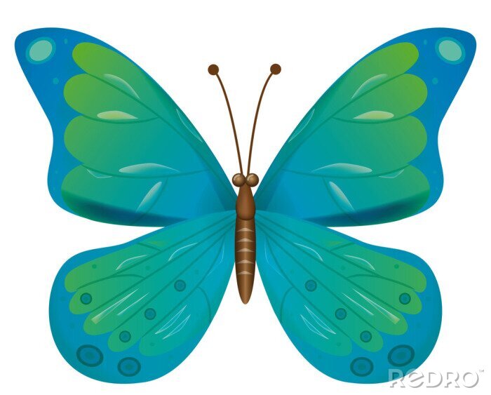 Sticker Een tekenfilmvlinder met grote groenblauwe vleugels