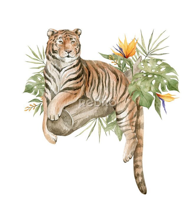 Sticker Een tijger die op een boomstam rust