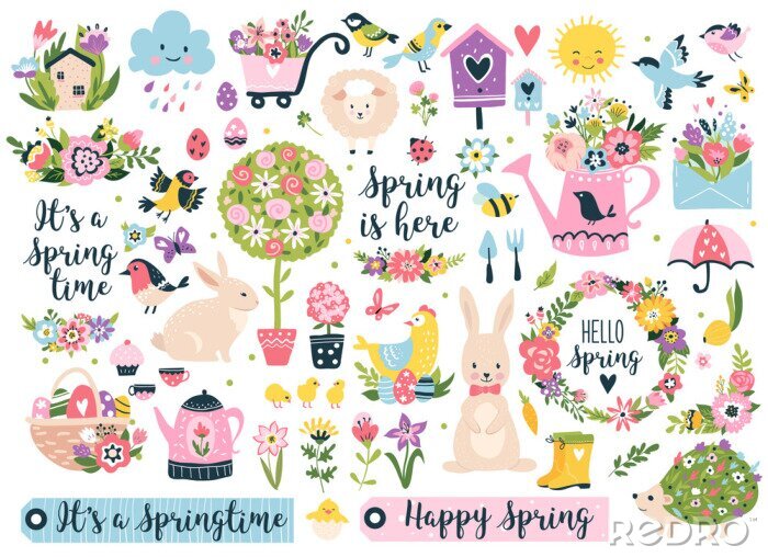 Sticker Een verzameling kleurrijke, vrolijke afbeeldingen geïnspireerd op de lente