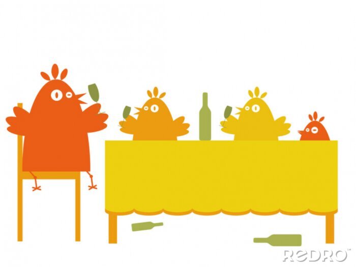 Sticker Een vogelfamilie zit aan een gele tafel