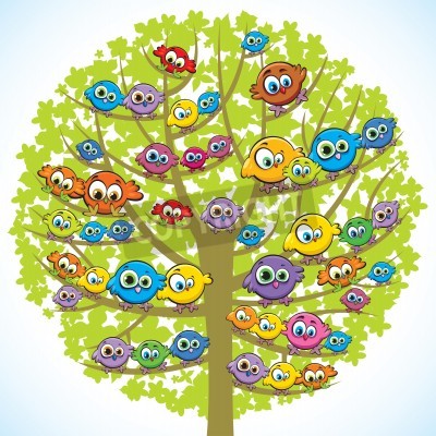 Sticker Een zwerm kleurrijke vogels die op een boom zitten