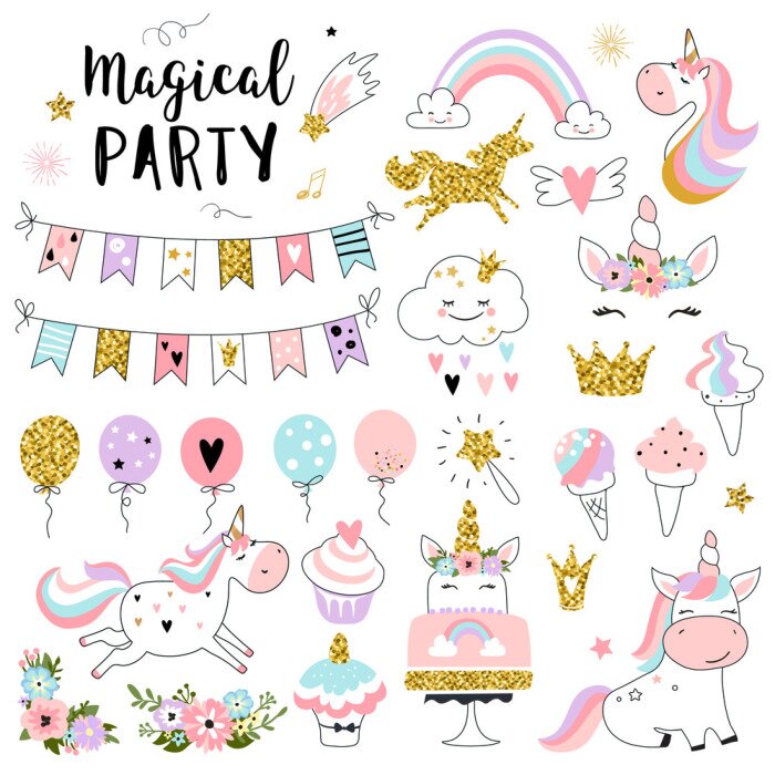 Sticker Eenhoorns ballonnen ijs regenboog feestafbeeldingen