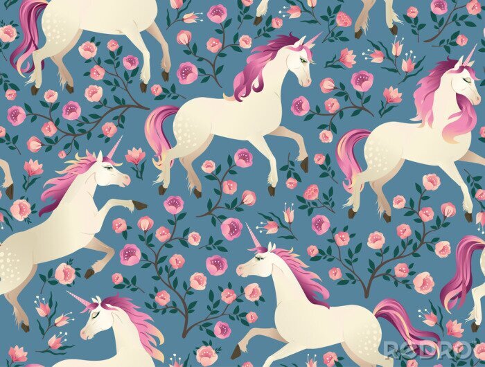 Sticker Eenhoorns en roze bloemen