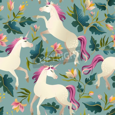 Sticker Eenhoorns tussen bloemen en bladeren