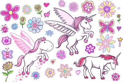 Sticker Eenhoorns tussen de bloemen