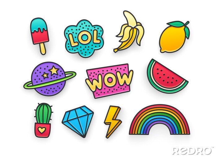 Sticker Eenvoudige kleurrijke symbolen met een vrolijk karakter