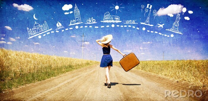 Sticker Eenzaam meisje met koffer bij landweg dromen over reizen.