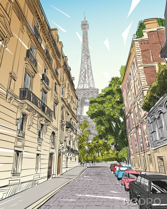 Sticker Eiffeltoren vector schets. Parijs, Frankrijk. Hand getrokken vectorillustratie