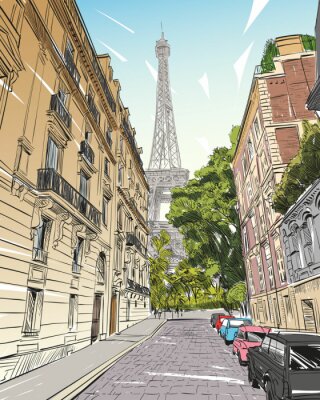 Sticker Eiffeltoren vector schets. Parijs, Frankrijk. Hand getrokken vectorillustratie