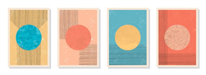 Sticker Elegant abstract trendy minimalist aesthetic hand painted backgrounds. Contemporary wall art decor. Collection of A4 mid-century art compositions with textured organic shapes. CMYK