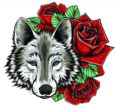 Sticker Embroidery of wolf and roses. Needlework patch of romantic animal sign on white background.
