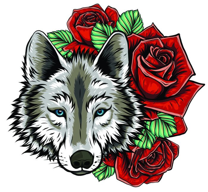 Sticker Embroidery of wolf and roses. Needlework patch of romantic animal sign on white background.