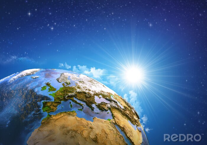 Sticker Europa vanuit de ruimte en zonsopgang