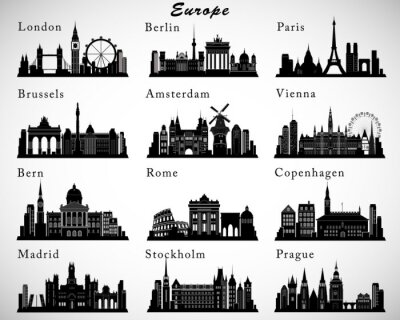European Cities skylines set. Vector silhouettes