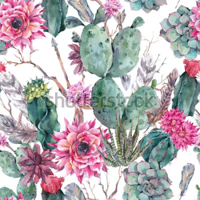 Sticker Exotic natural vintage watercolor seamless pattern in boho style. Cactus, succulent, flowers, twigs, feathers and  arrows. Botanical isolated nature cactus Illustration on white 
