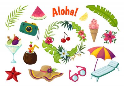 Sticker Exotic stickers. Summer party tropical collection of doodle fruits leaves cocktail flamingo, jungle vacation abstract vector elements