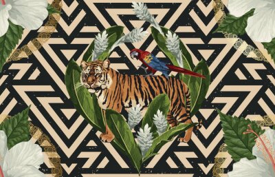 Sticker Exotische afbeeldingen met tijger en papegaai
