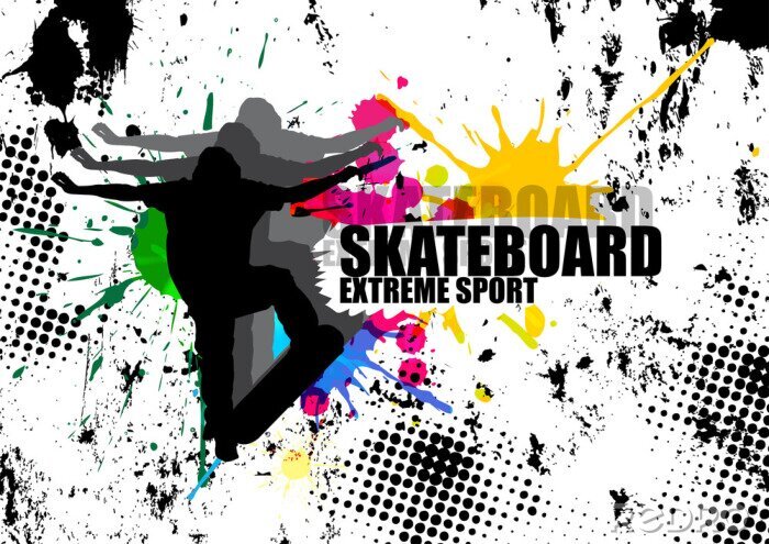 Sticker extreme sport man springen met skateboard en splash kleur