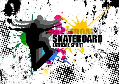 Sticker extreme sport man springen met skateboard en splash kleur