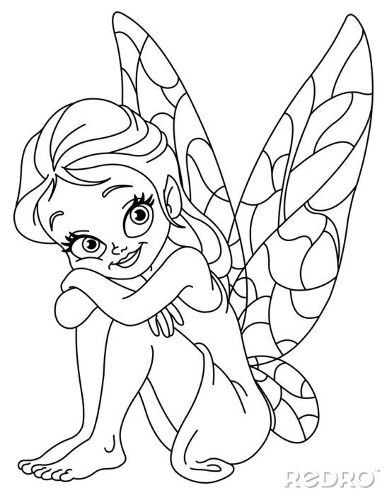 Sticker Fairy met vlindervleugels zwart-wit tekening