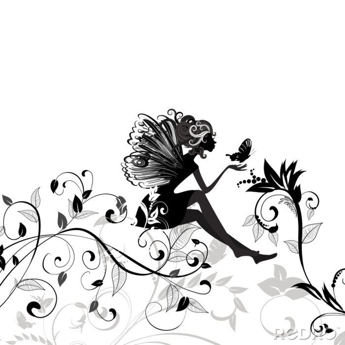 Sticker Fairy zittend op planten zwart-wit afbeeldingen